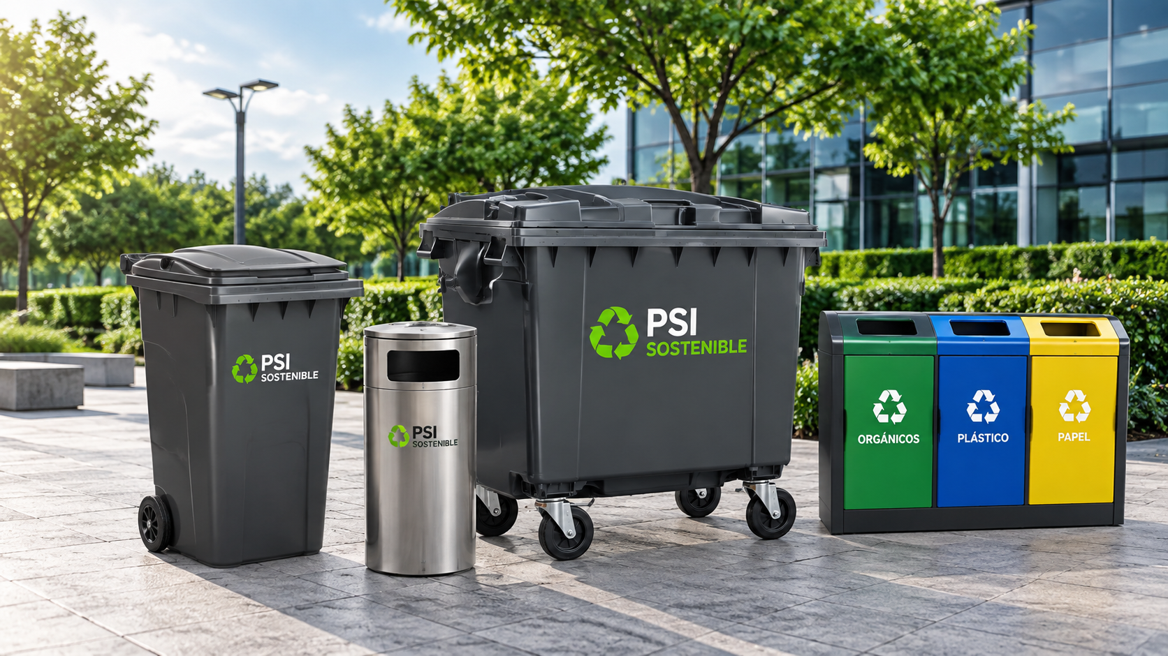 Línea de productos PSI Sostenible — contenedores industriales y estaciones de reciclaje